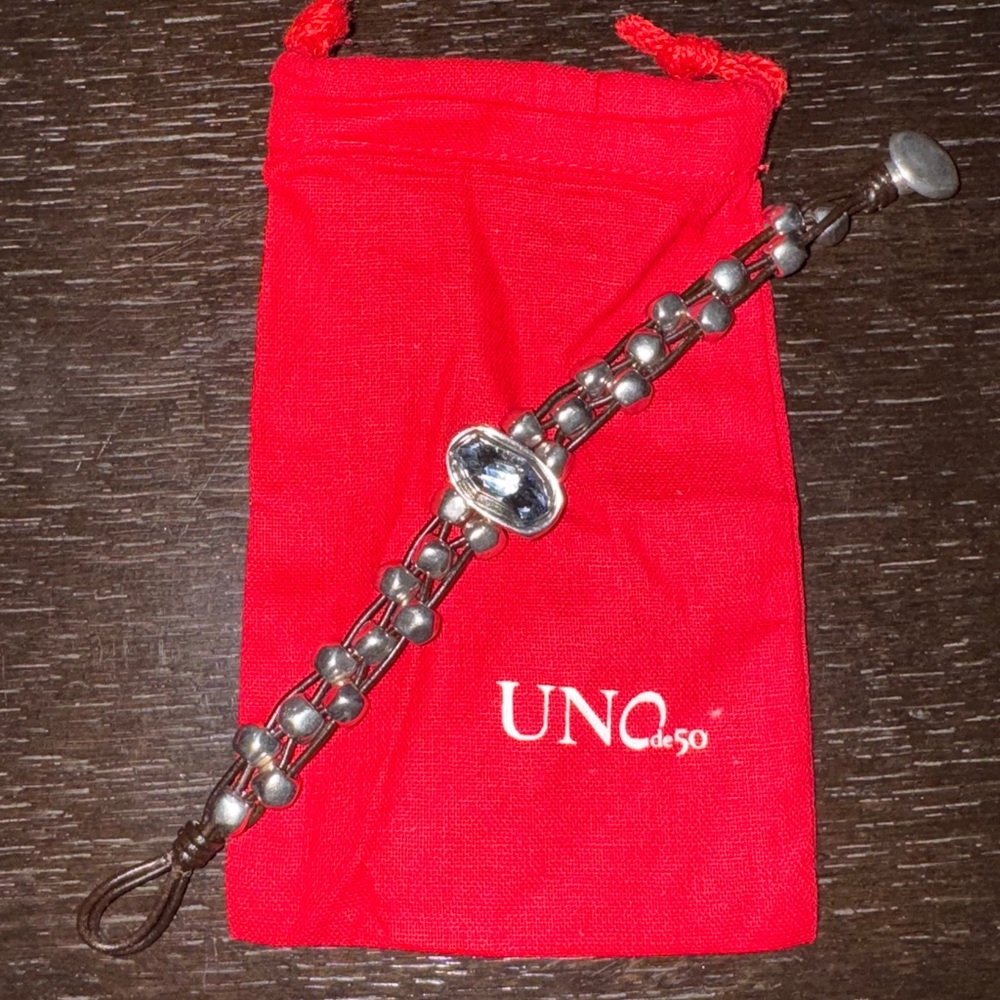 UNO de 50 Silver Beaded Bracelet with Central Light Blue Crystal